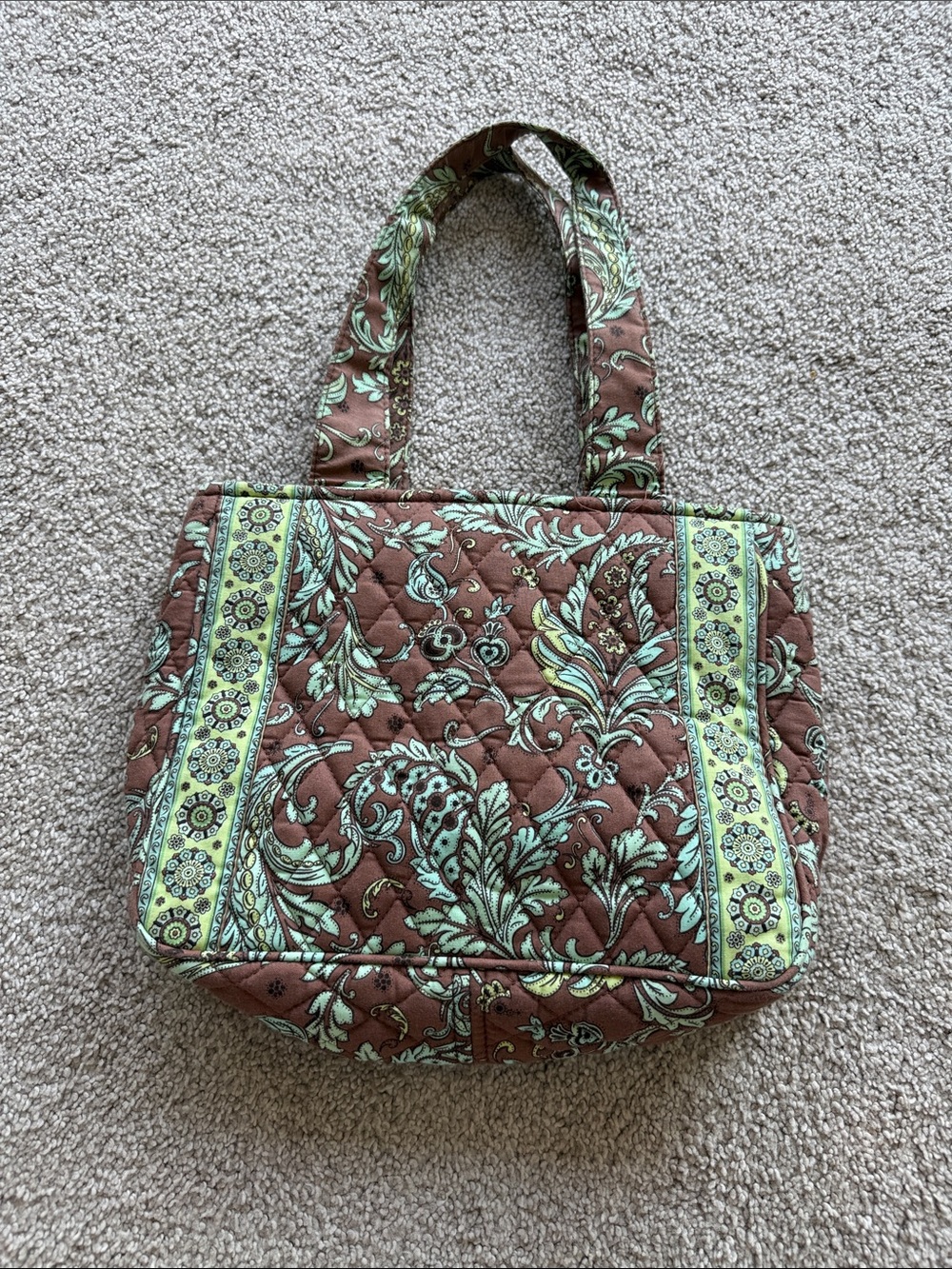 Maggie Barnes Brown Tote with Mint Floral Print